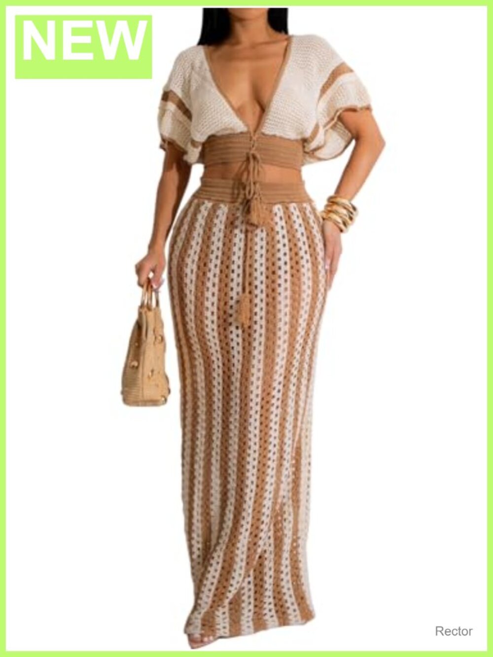 Crochet Striped Maxi Skirt Set Batwing Crop Top Beach Coverup
